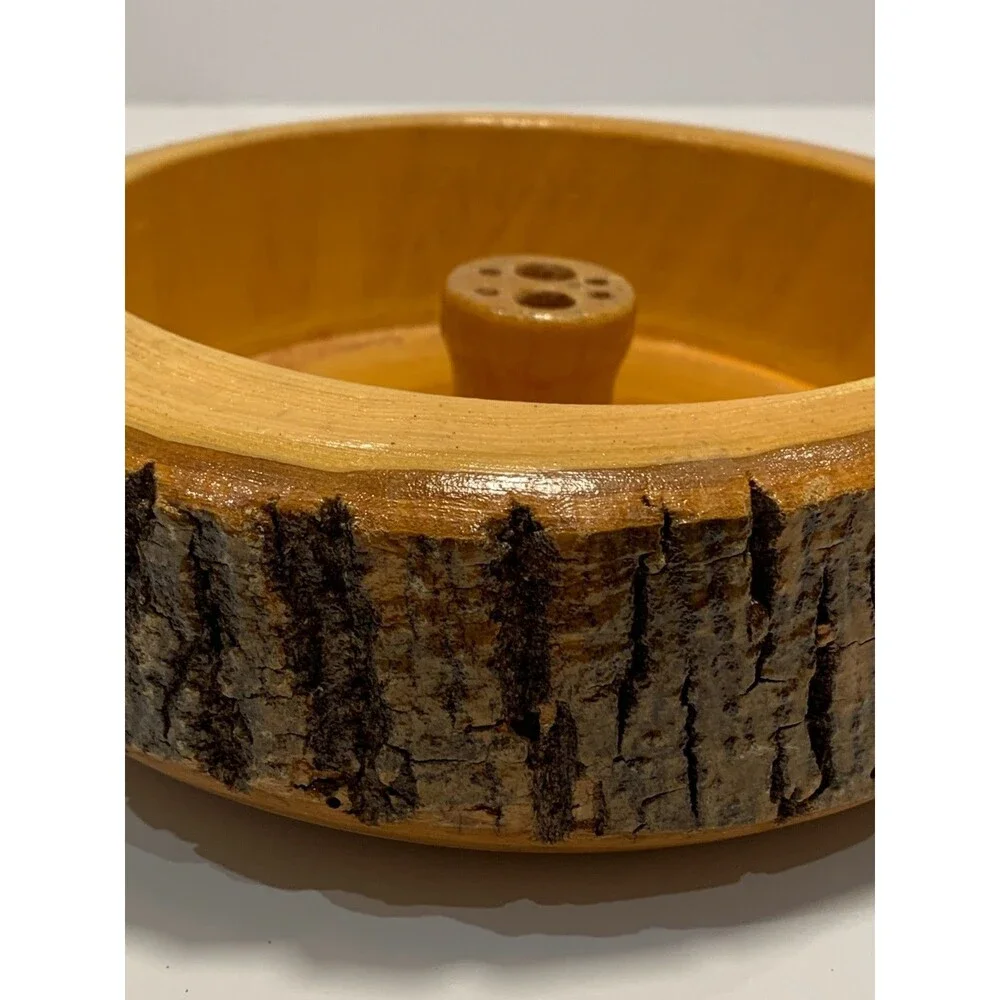 Vintage Wood Bark Mixed Nuts Bowl, Nutcracker/Pick Tool Holder, Cabin Decor MCM